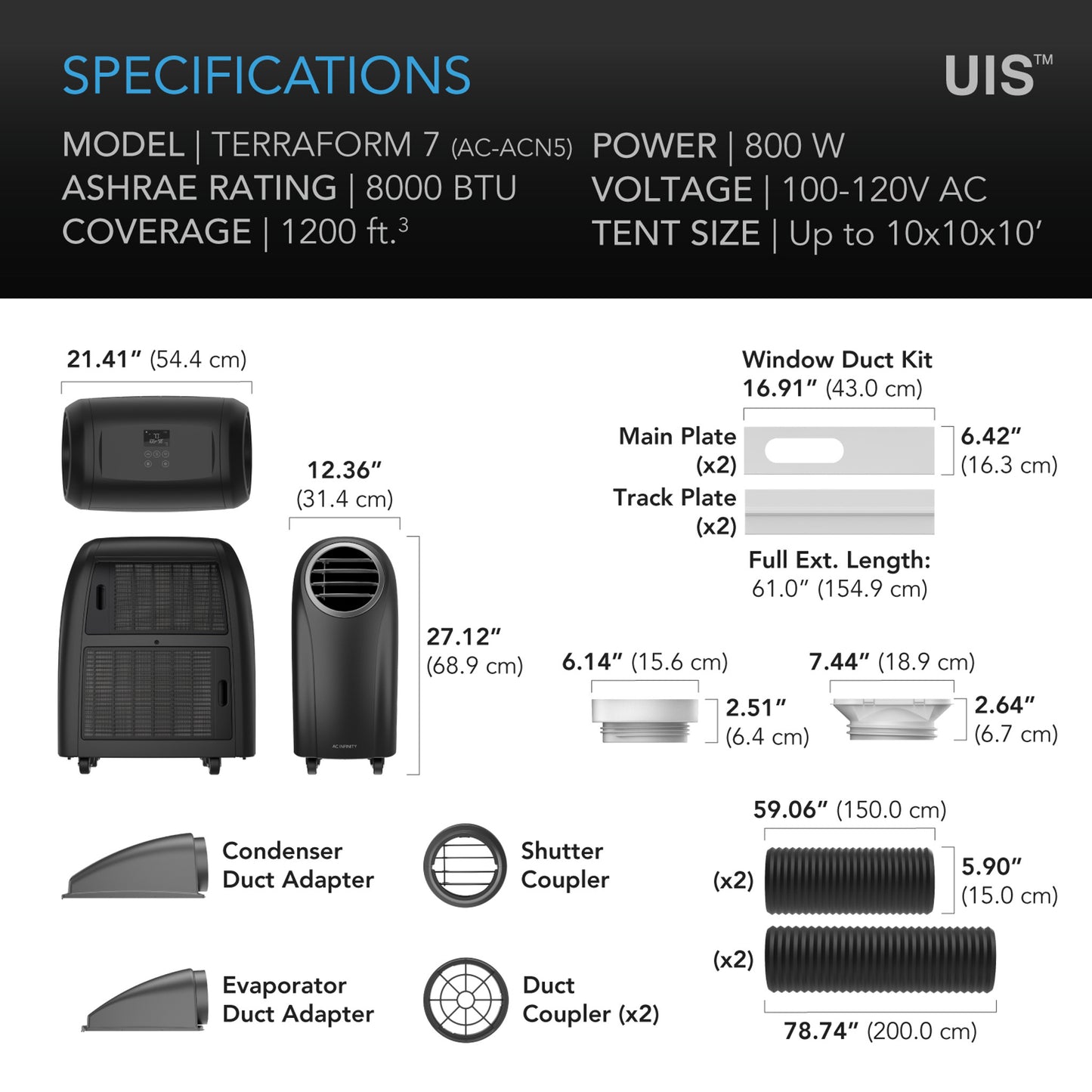TERRAFORM 7, Multi-Functional Air Conditioner, with Heater, Dehumidifier, and Circulator, VPD Controller, 4-Way Ducting for Grow Tents, 8000 BTU